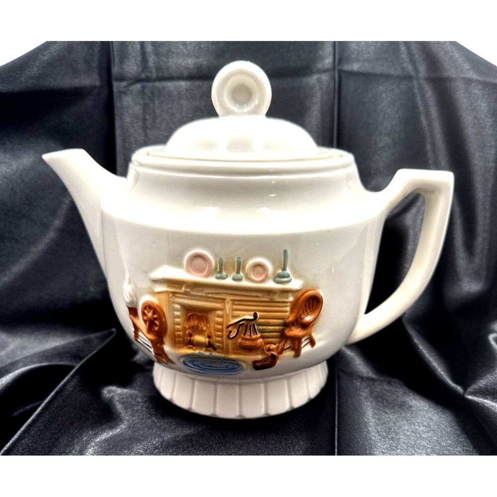 1930's Porcelier Vintage Ceramic Teapot Country Hearth Fireplace